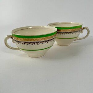 Two Vintage Myott Royal Crown Staffordshire Bone China Teacups, Green/Gold Rim